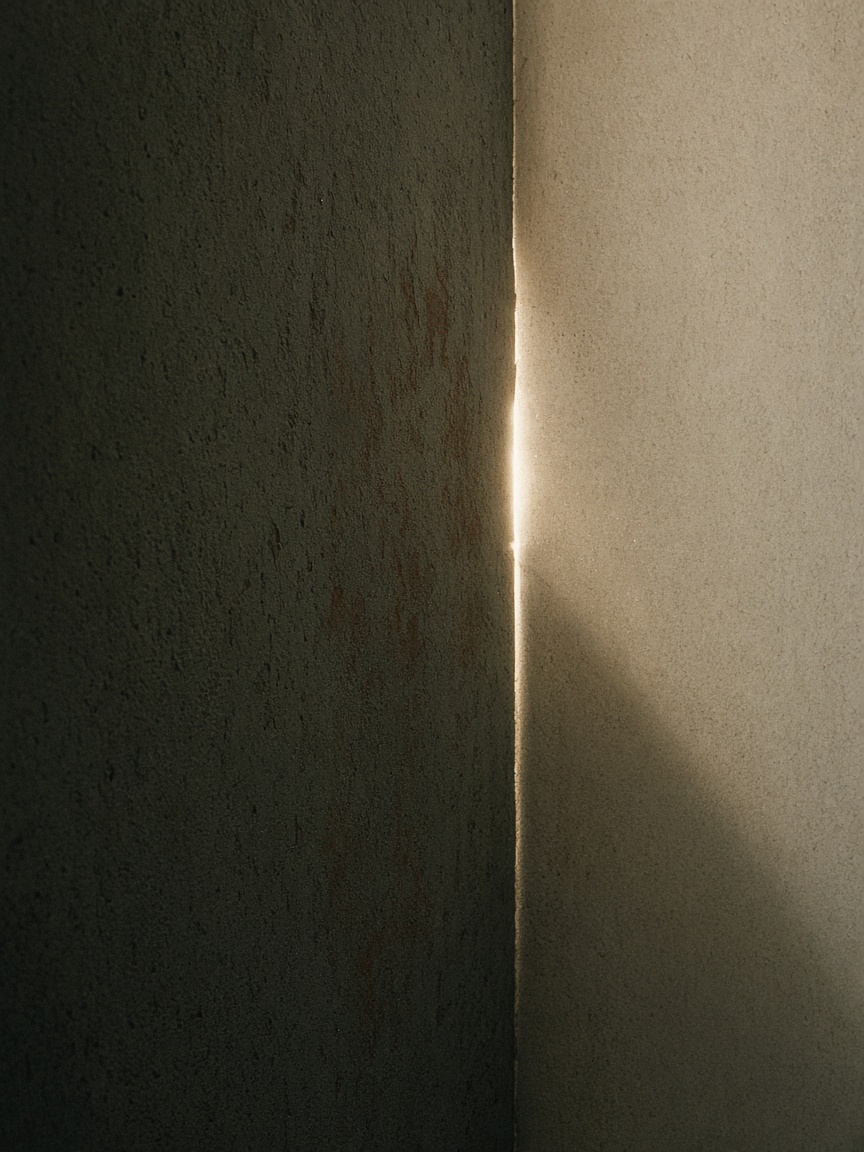 Editorial crop: a concrete corner split by a thin band of light.
